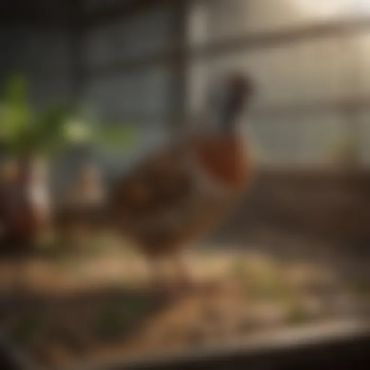 Quail in a cage environment demonstrating healthy living conditions.