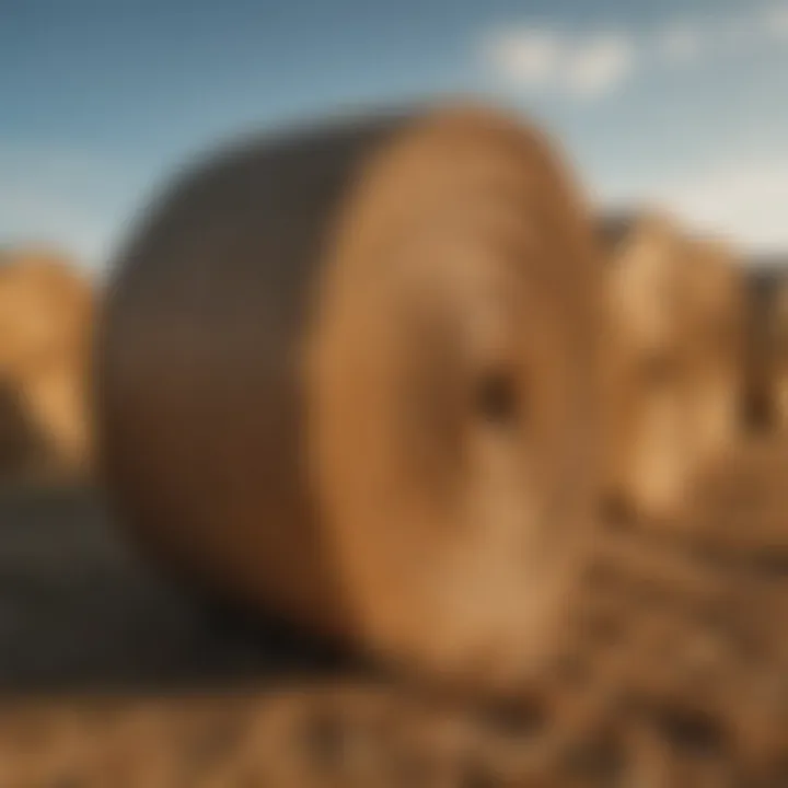 Bales of hay produced by a small round baler stacked neatly