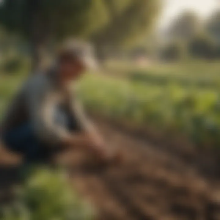 A farmer examining crops in a sustainable agricultural setting