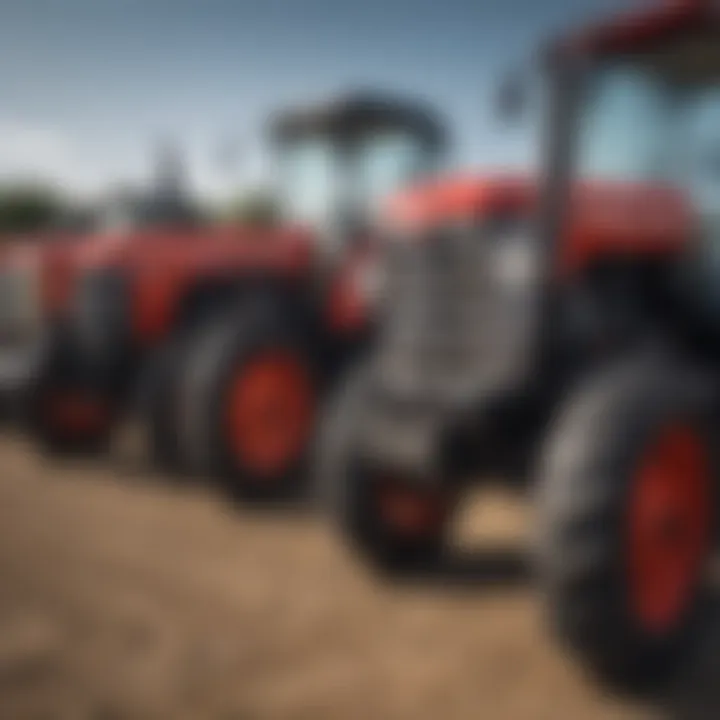 A diverse range of Massey Ferguson tractors lined up at a dealership