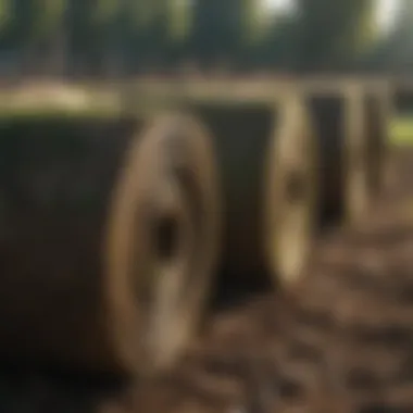 Close-up of high-quality sod rolls stacked