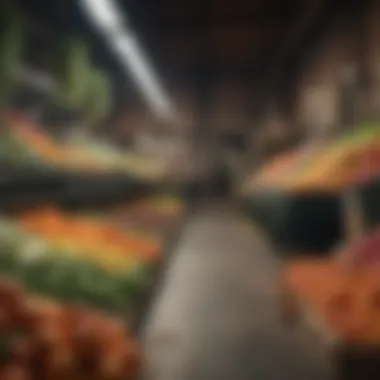 A vibrant market scene showcasing fresh produce and the contrast with wasted food