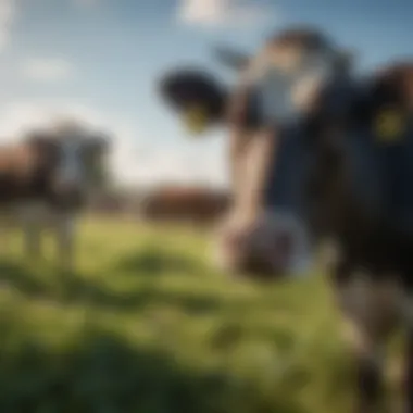 A lush dairy farm showcasing grazing cattle under a clear blue sky