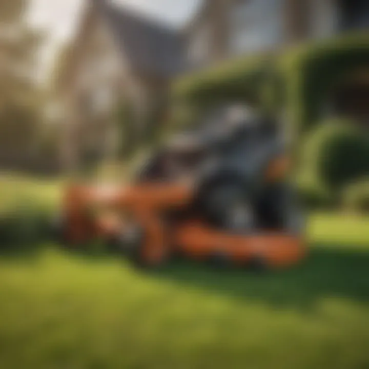 Illustration of a zero turn mower in action on a well-manicured lawn