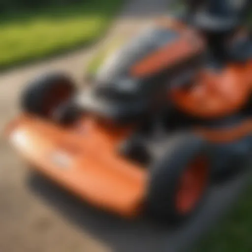 Close-up view of the flip deck design on a zero turn mower