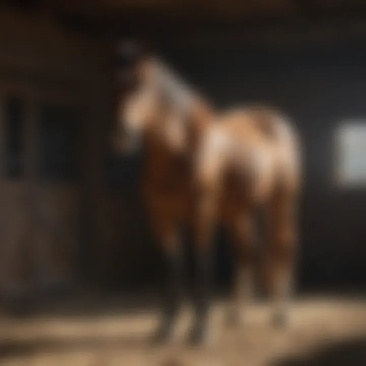 A calm horse in a stable environment with natural light.