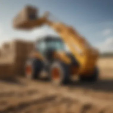 An agricultural scene showcasing a wheel loader with pallet forks moving hay bales.