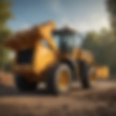 A close-up view of a wheel loader equipped with pallet forks lifting materials.