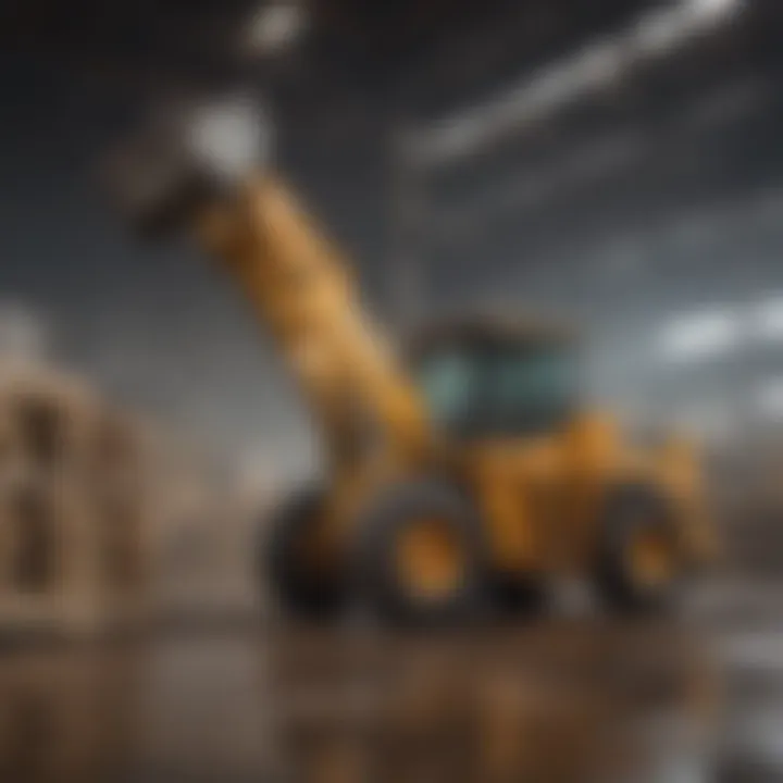 Pallet forks attached to a wheel loader in a large industrial setting.