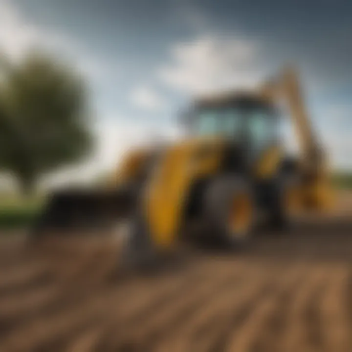 A used JCB backhoe working in a field