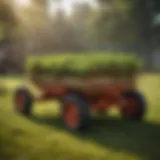 A rugged wagon designed for riding lawn mowers in an agricultural setting.