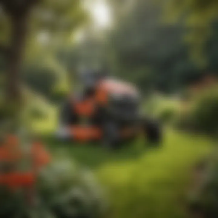 A well-maintained tri-county mower in a lush garden setting